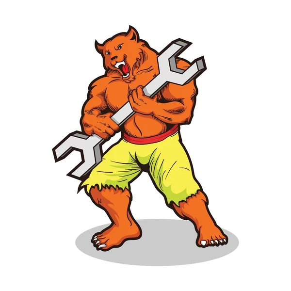 tiger with wrench on his hands. logo mascot character. vector illustration.