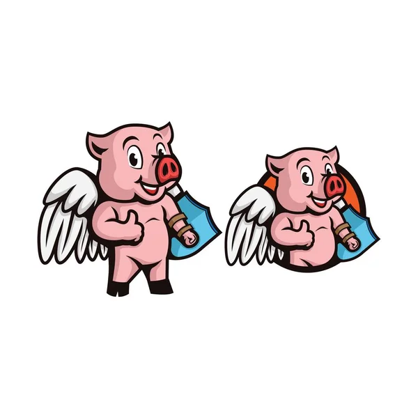 超级英雄猪 手拿着翅膀和盾牌 用大拇指竖起吉祥物标志 矢量说明 — 图库照片
