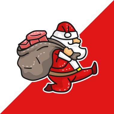 Noel Baba bir çuval hediyeyle koşuyor. vektör illüstrasyonu