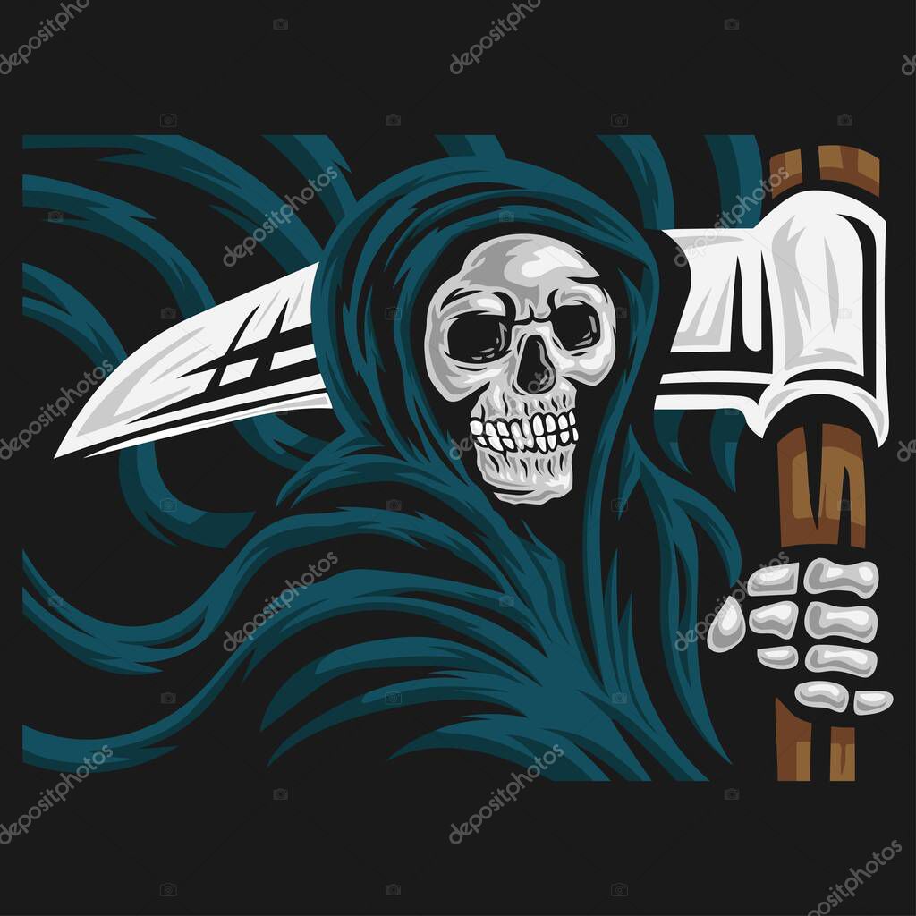 Skull of grim reaper with the sickle logo. vector illustration