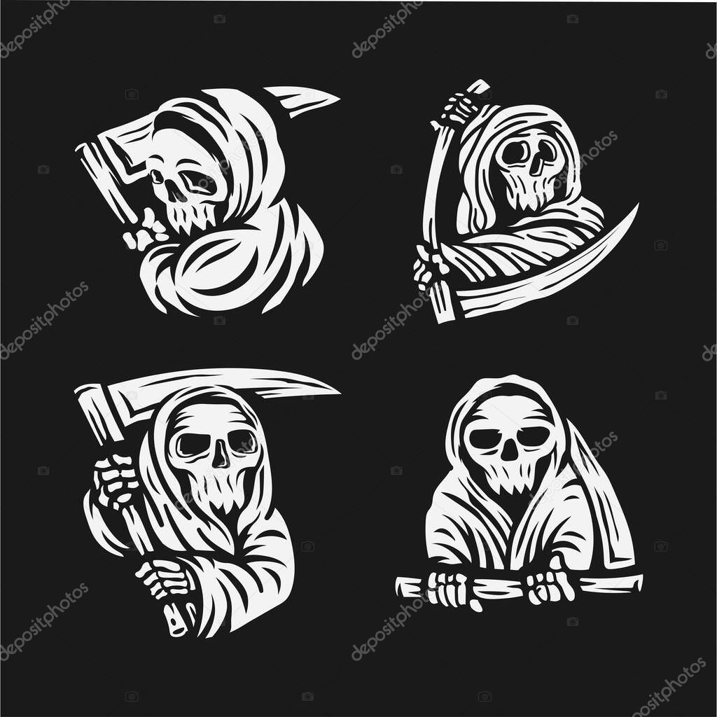 Set of skull grim reaper with the sickle logo. vector illustration