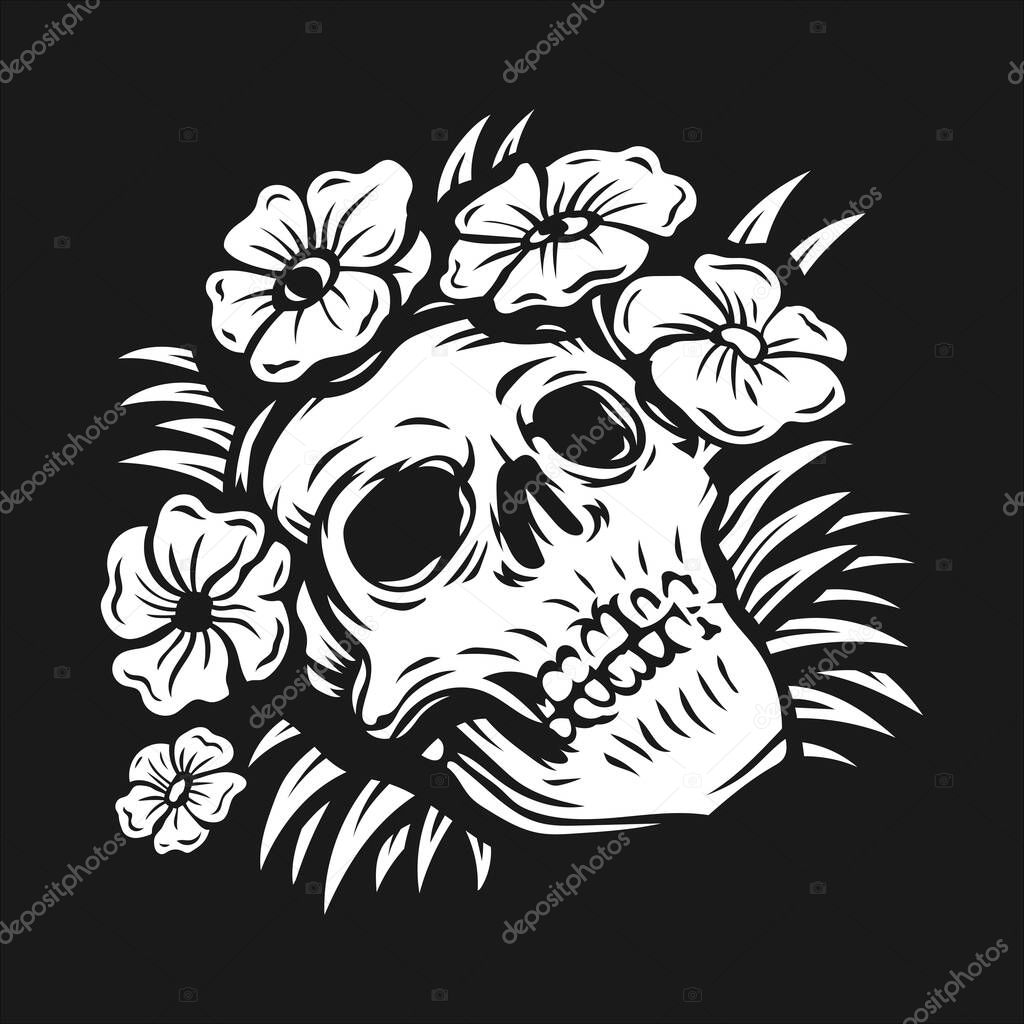 hand drawing skull surrounded by rose flower vector illustration