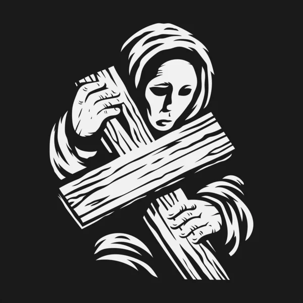 一个穿长袍拿着十字架的女人 矢量图解 黑白画 — 图库矢量图片