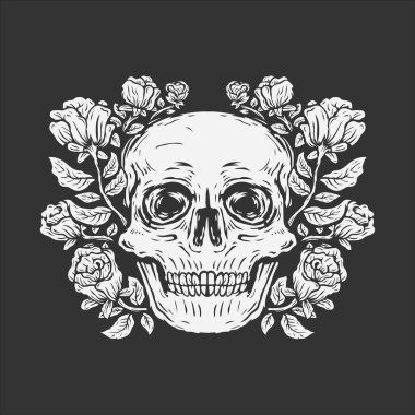 Gül çiçeği çizimi ile çevrili el çizimi kafatası