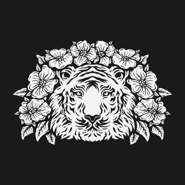 Cabeça Tigre Cercada Por Flor Rosa Desenho Preto Branco Ilustração — Fotografia de Stock