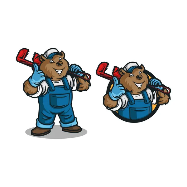 Niedźwiedź Hydraulik Logo Maskotka Kreskówka Ilustracja Wektora — Zdjęcie stockowe