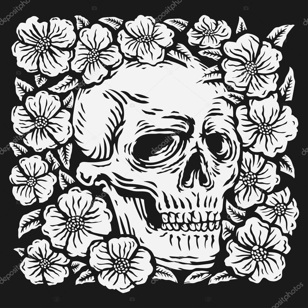 hand drawing skull surrounded by rose flower vector illustration