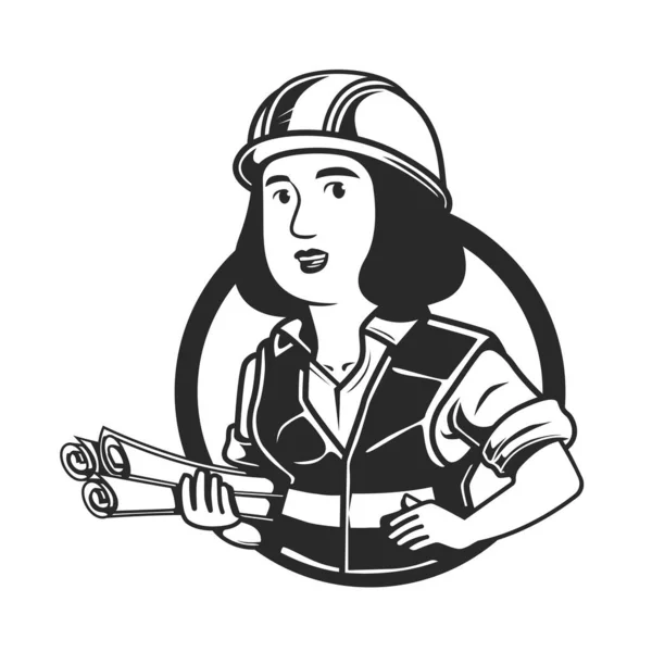 Mulher Engenheiro Com Rolo Papel Logotipo Personagem — Fotografia de Stock