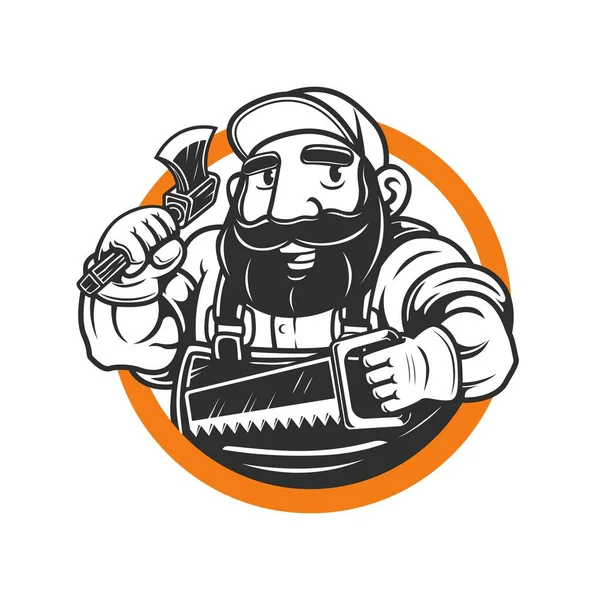 Bearded Lumberjack Mascot Hold Axe Saw — Stock Photo, Image