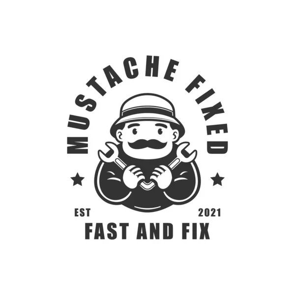 Mustasch Man Håller Skiftnyckel Fast Logotyp Vektor Illustration — Stockfoto