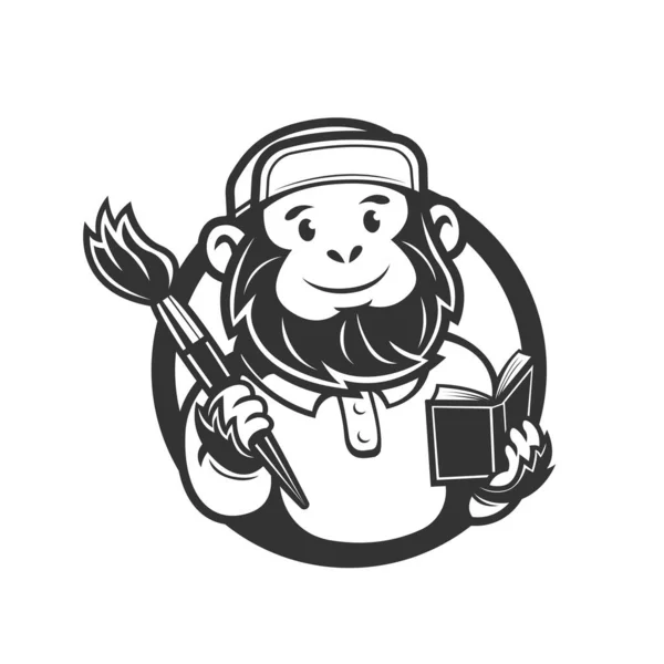 Opice Držící Štětce Knihu Logo Maskota Uměleckých Tříd Vektorová Ilustrace — Stock fotografie