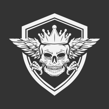 Kanatlı bir taç takan kafatası tasviri ve kalkanlarla çevrili kuş pençeleri. vektör vintage