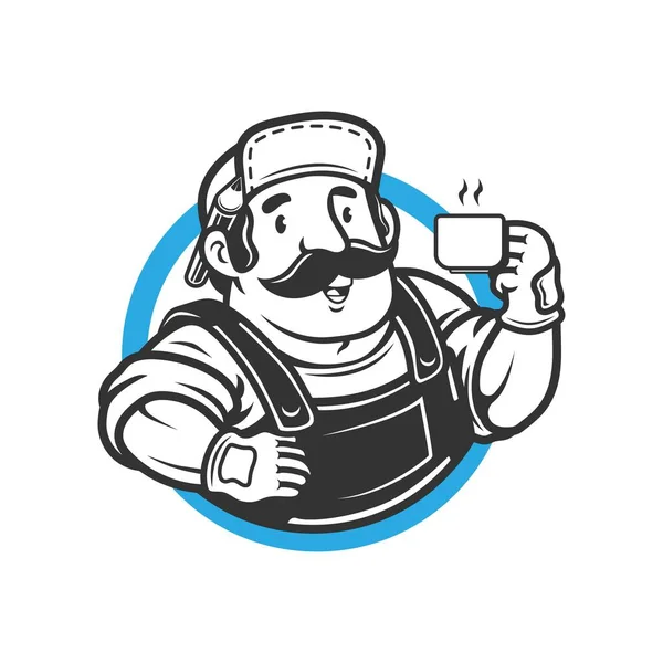 Robotnik Trzymający Kawę Ołówek Uchu Ilustracja Logo — Wektor stockowy