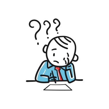 Düşünme pozisyonunda bir çöp adam. Çubuk adam bir sorunun çözümünü düşünüyor. Vektör illüstrasyonu beyazda izole edildi