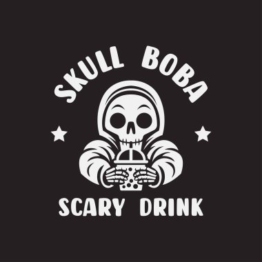 Boba kurukafa logosu maskot vektör çizimi. Kafatası bir bardak boba içer.