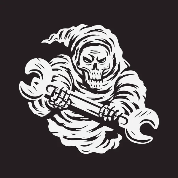 Cráneo Grim Reaper Celebración Llave Inglesa Vector Ilustración — Vector de stock