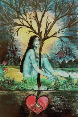 Yağlı boya tasarım filtresi. Genç bir kızla yapılan soyut resim. - Vintage efendi gerçek resim. Kalbinden büyüyen bir ağacın yanında oturan güzel çıplak kadın. Fantezi konsepti, yeniden doğuş.