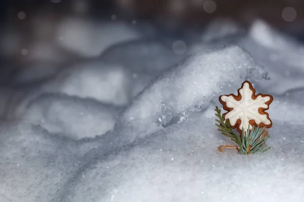 Kerst Nieuwjaar Achtergrond Abstract Winter Achtergrond Sneeuw Peperkoek Koekjes Vorm — Stockfoto