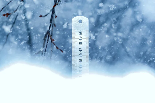 Yardstick Pomiaru Głębokości Śniegu Ciężkie Opady Śniegu Ogrodzie Jest Rejestrowana — Zdjęcie stockowe