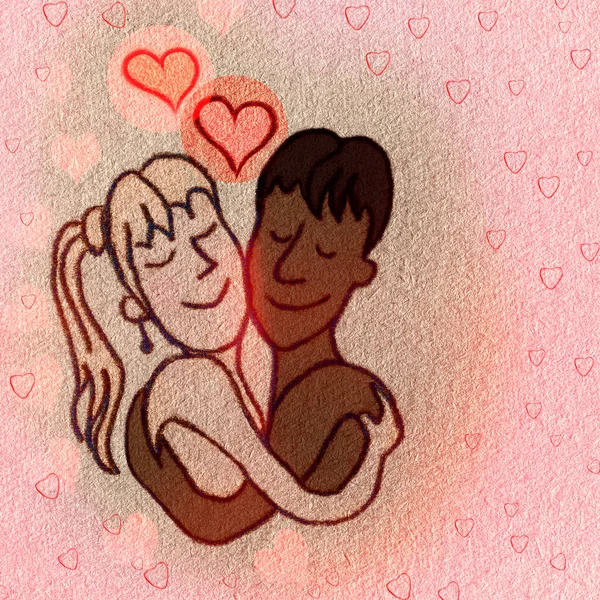 Couple in love. Black man and white woman. Lovers hug. Illustration for Valentine's Day.Hug Day. Couple in hugs and hearts.Young couple hugging.Loving couple on a pink background with hearts.