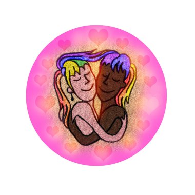 Web ve mobil uygulamalar için simge. Dokuma kağıdına sarılan kızlar. Çok ırklı lezbiyen çift. İnsan Hakları Günü, Kucaklaşma Günü, Sevgililer Günü. Kızlar pembe arka planda kalpleriyle sarılır..