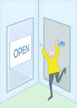 Kilitlenme sona erdi, dükkan açıldı. Coronavirüs izolasyonu kavramı sona erdi. Elleri havada mutlu bir adam maskesini çıkarıyor. İzolasyon hastalıktan sonra sona erer. Yeni normal güvenli yaşam adımı.