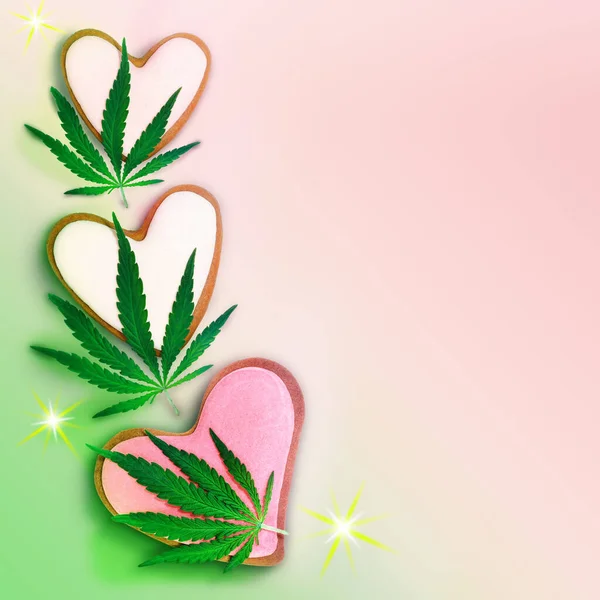 Hojas Cannabis Corazones Hoja Marihuana Forma Corazón Hojas Jengibre Cáñamo — Foto de Stock