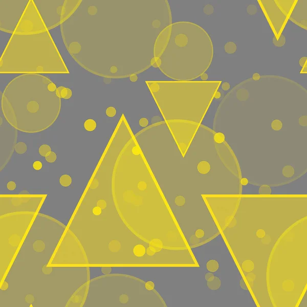 Abstract seamless design with yellow circles and triangles. Gray background with yellow circles and triangles.