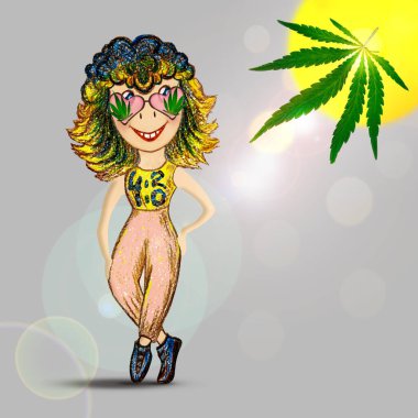 Marihuana günü 4: 20 arkaplan ve mesaj için boş yer. Çizgi film kızı kenevir yaprağına bakıyor..