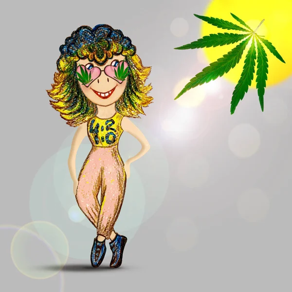Marijuana day 4:20 background with free space for text. Cartoon girl looks at the cannabis leaf.
