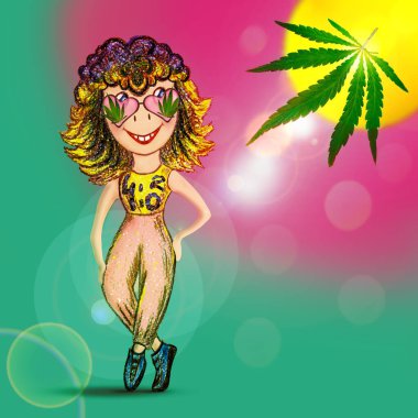 4: 20 'de marihuana günü. Marihuana yapraklı gözlüklü neşeli kız. Gözlüklü ve esrarlı parlak kız..