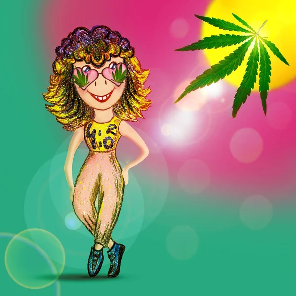 Marihuana Dag Achtergrond Cartoon Vrolijk Meisje Met Een Bril Met — Stockfoto