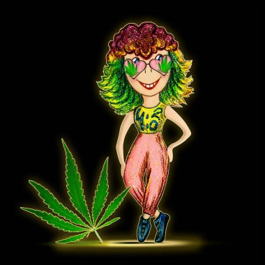 Marihuana günü. Siyah arka planda mutlu bir kız ve kenevir yaprağı. Esrar yaprağı ve gözlüklü neşeli kız kompozisyonu. Ulusal Esrar Günü