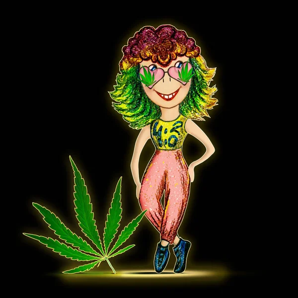마리화나나먹는 배경의 소녀와 잎사귀와 안경을 소녀의 말이다 National Cannabis Day — 스톡 사진