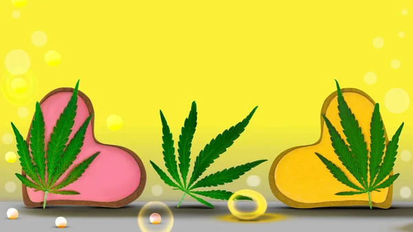 大麻叶子 用饼干装饰 并以心形放置文字 情人节 大麻红心叶黄色背景大麻日 — 图库照片