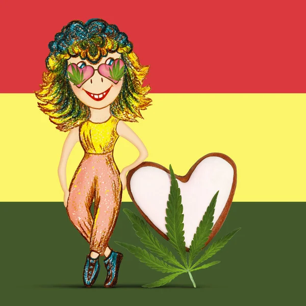 Día Marihuana Chica Alegre Dibujos Animados Vasos Con Hojas Marihuana —  Fotos de Stock