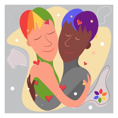 İki eşcinsel, siyah ve beyaz. LGBT çifti ve birbirine sarılan sevimli gençlerin portresi. Genç eşcinsel çift kucaklaşmasının çizgi film karakteri, romantik ve sevgililer günü konsepti. Düz tasarım.