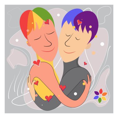 İki eşcinsel adam, bir LGBT çifti ve birbirine sarılan sevimli gençlerin portresi. Bir çift romantik partner buluşması. Eşcinsellik. Özgeçmiş konsepti. Gurur ve özgürlük ayı..