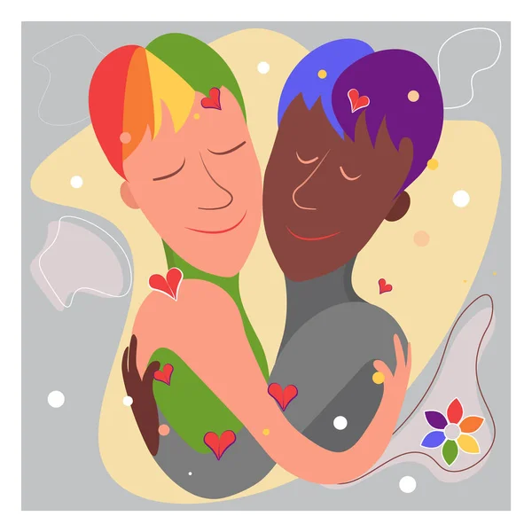 Eşcinsel Siyah Beyaz Lgbt Çifti Birbirine Sarılan Sevimli Gençlerin Portresi — Stok Vektör
