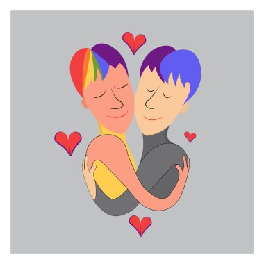 Eşcinsel ilişkisi. LGBT çifti ve birbirine sarılan sevimli gençlerin portresi. Bir çift romantik partner buluşması..