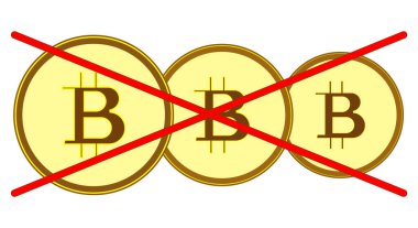 Bitcoin terk etme konsepti. Bitcoinler kırmızı çizgiyle çizilmiştir. Bitcoin 'lerin reddi. Bitcoin yasağı illüstrasyonu, vektör eps10