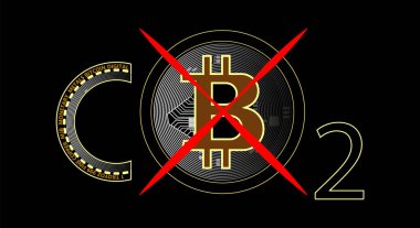Energy consumption design. Bitcoin carbon footprint concept. Bitcoin is harmful to nature. Banning bitcoins. Ban with bitcoin symbol. The impact of modern technologies on the environment