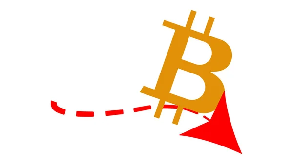 Simple Vector Red Arrow Bitcoin Symbol Financial Crisis Concept Bitcoin — Stock Vector