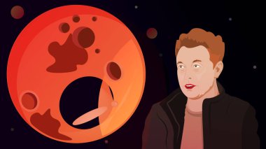 Elon Musk ve Mars gezegeninin tasviri. Ünlü kurucu, CEO ve girişimci Elon Musk