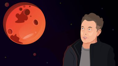 Elon Musk ve Mars gezegeninin tasviri. Ünlü kurucu, CEO ve girişimci Elon Musk