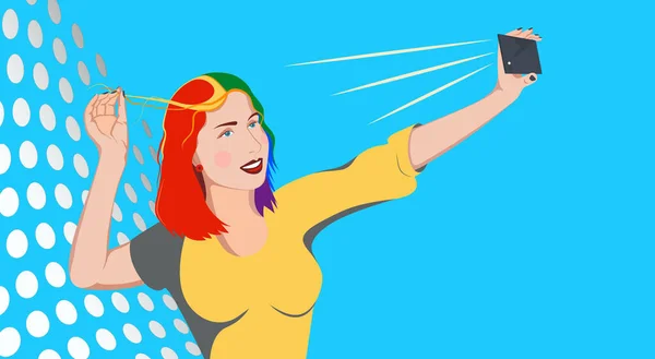 Un'immagine di una donna che ride mentre scatta una foto di selfie su un cellulare. — Vettoriale Stock