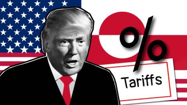 ABD ticaret politikası ve küresel gerginlikleri vurgulayan Donald Trump, gümrük vergileri ve Grönland sembolizminin editoryal illüstrasyonu.