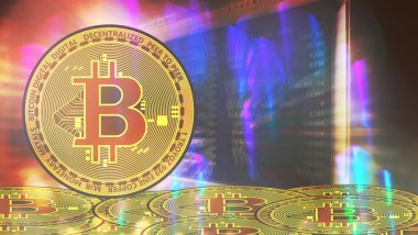 Soyut borsa ekran, engelleme zinciri ve kripto para ticareti kavramına sahip altın bitcoin sikkeler.