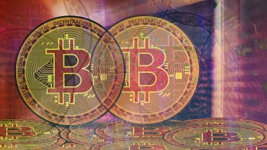 Soyut borsa ekran, engelleme zinciri ve kripto para ticareti kavramına sahip altın bitcoin sikkeler.