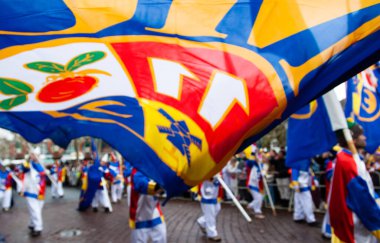 16 Şubat 2026. Mainz, Almanya. Mainzer Fastnacht. Rosenmontag. Katılımcılar ve kalabalık geleneksel sokak karnavalı geçit törenini kutluyor. Odaklanmamış arkaplan.